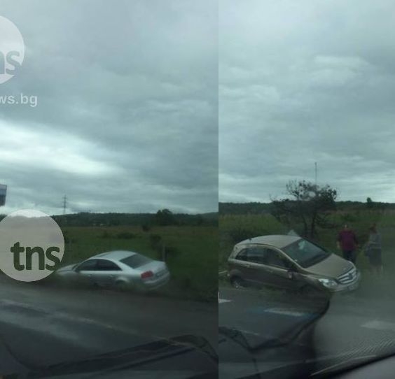 Аквапланинг запрати мерцедес и ауди в тревата на магистрала 