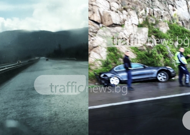 Порой на магистрала Тракия! Кола излетя от пътя, бурята идва към Пловдив СНИМКИ