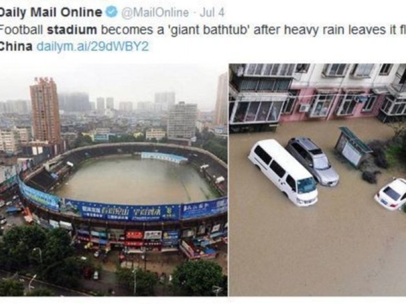 Проливни дъждове напълниха с вода стадион в Китай