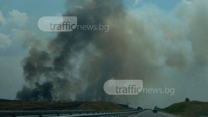 Огромен пожар бушува на магистралата след Чирпан ВИДЕО и СНИМКИ