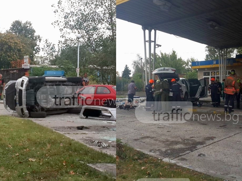 Тежка катастрофа в Пловдив! БМВ X6 се вряза в бензиностанция, друга кола се преобърна СНИМКИ и ВИДЕО