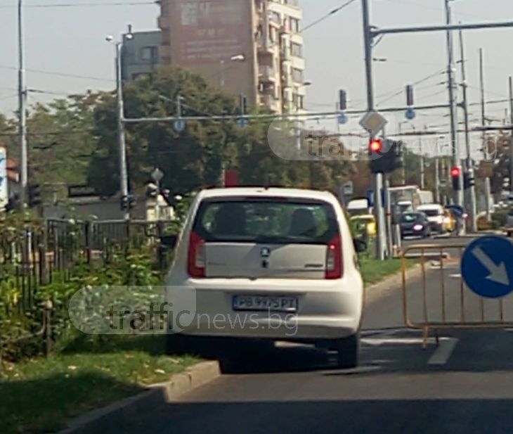Шофьорка се саморазправи с блокиращ пътен знак, качи возилото си с две гуми на тротоара и премина СНИМКИ