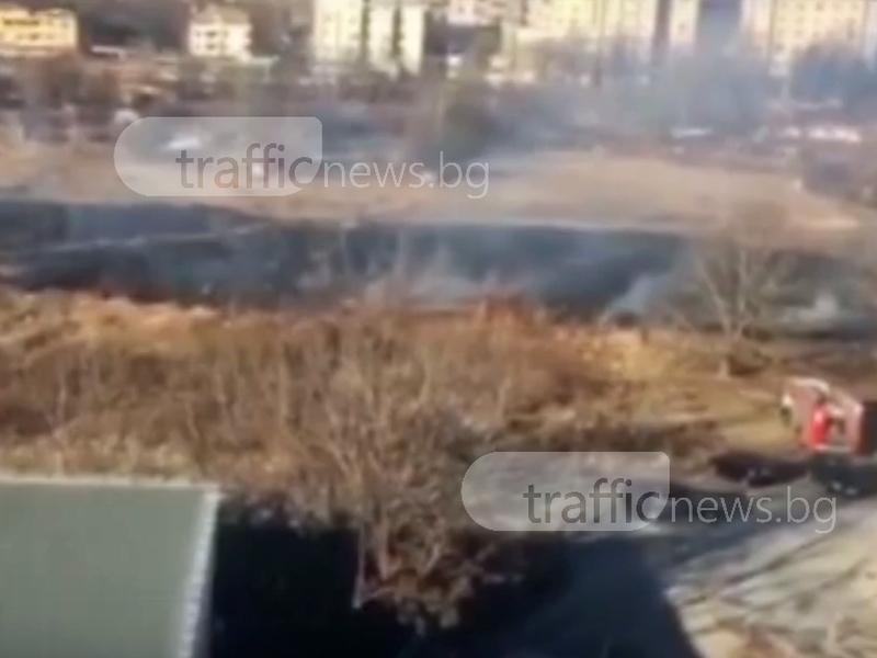 Пожар зад Транспортна болница в Пловдив! Запалиха сухи треви ВИДЕО