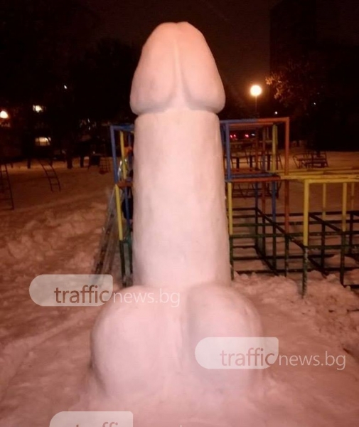 Снежен монумент на мъжкото достойнство щръкна на детска площадка в Пловдив СНИМКИ