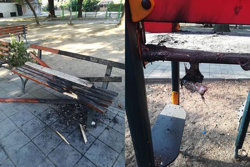Безобразие! Келеши изпотрошиха и запалиха чисто нова детска площадка в пловдивски квартал СНИМКИ