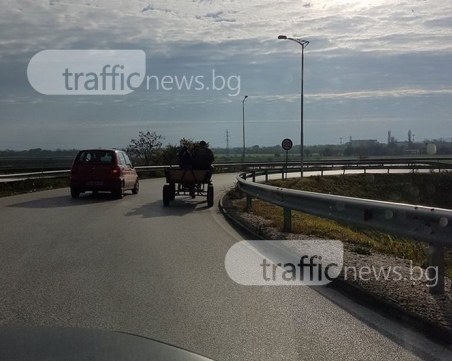 Каруца се състезава с бързите коли на оживен пътен възел СНИМКИ