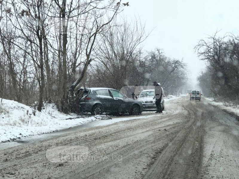 Катастрофа до Гребната база! Автомобил се заби в дърво СНИМКА