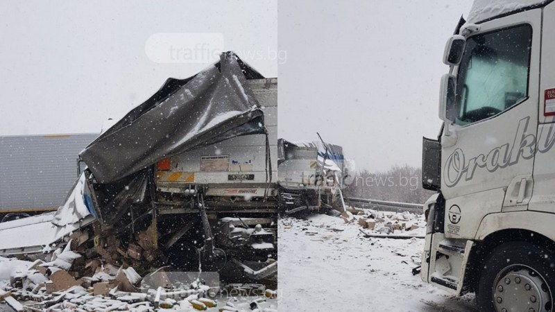 Тежка техника издърпа камионите от мелето на магистрала Тракия СНИМКИ