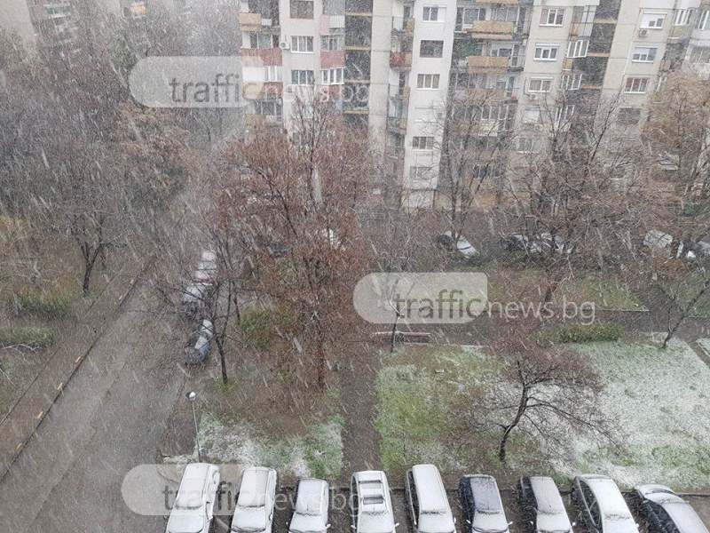 Тихо се сипе... пролетен сняг в Пловдив! Валежите се усилват