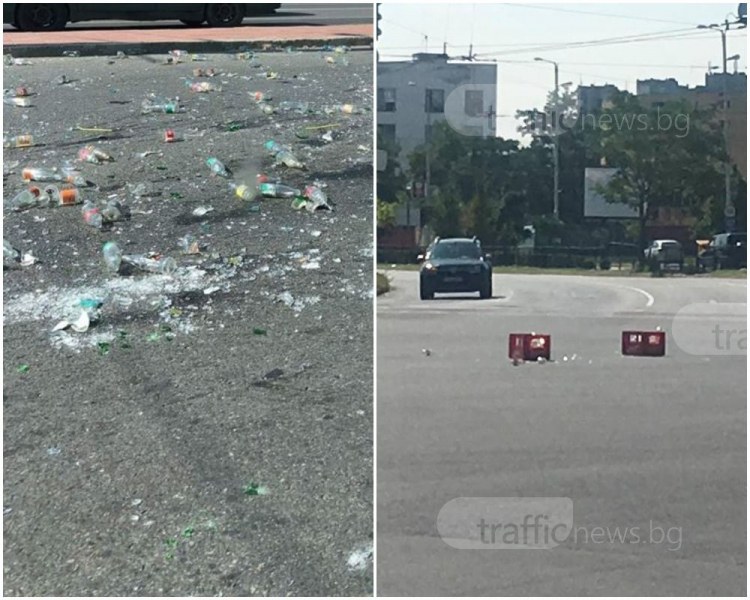Строшени бутилки блокираха Цариградско в Пловдив!* СНИМКИ