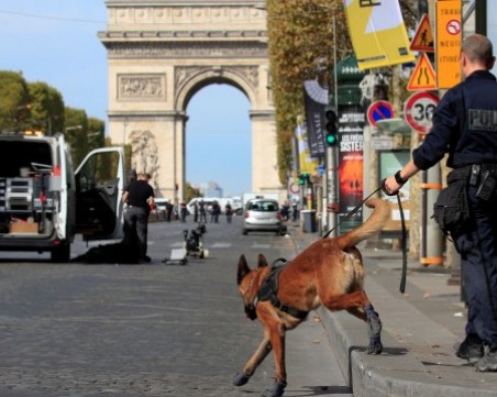 Страх в Париж! Куче и робот за проверка на съмнителна кола до Триумфалната арка