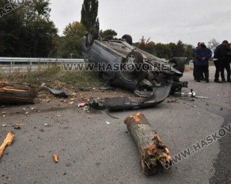 Млад шофьор изпусна телефона си, отсече две дървета и се обърна край Хасково СНИМКИ
