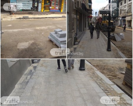 Ремонтът в центъра на Пловдив тече с пълна сила, разкопаха и южния тротоар СНИМКИ