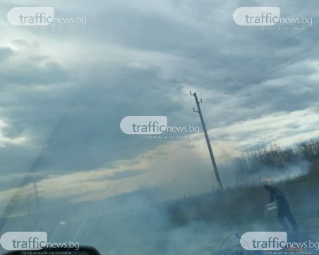 Голям пожар край Йоаким Груево, облаци дим се носят над пътя СНИМКИ