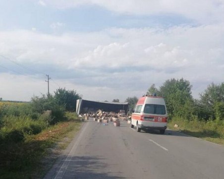 Пиян тираджия се наниза в друг тир и се преобърна! Пътят е блокиран