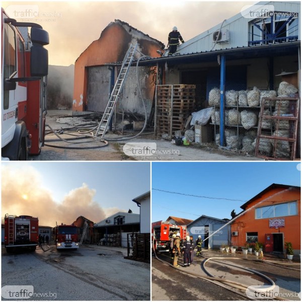 Повече от 4 часа пожарникари се борят с пламъците в сладкарския склад в Пловдив