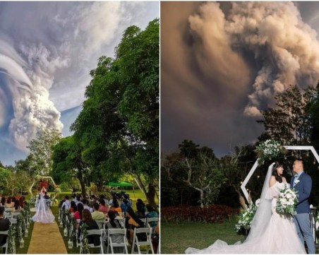 Двама влюбени се венчаха на фона на изригващ вулкан