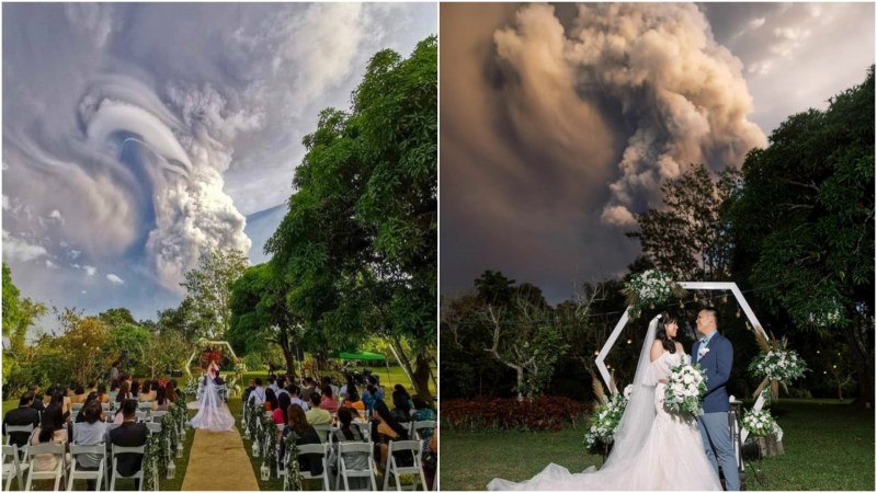Двама влюбени се венчаха на фона на изригващ вулкан