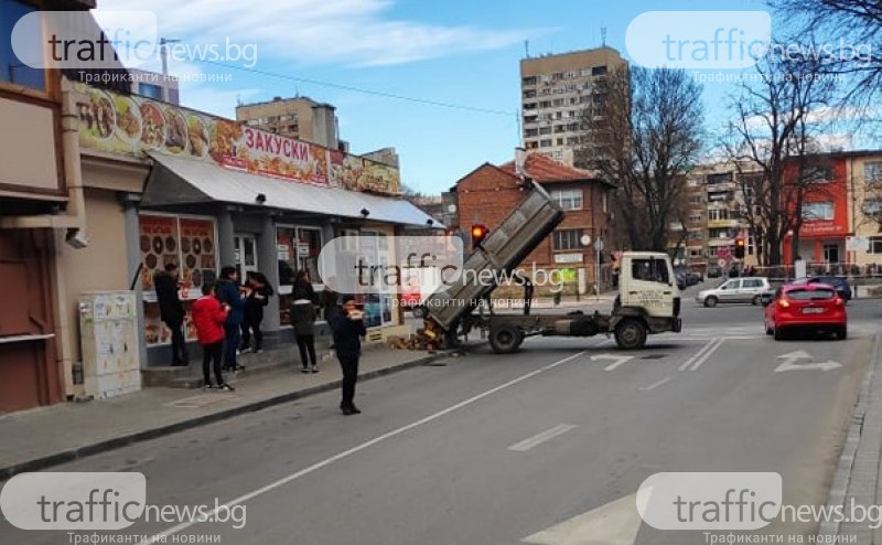 Камион стовари нарязани дърва на тротоар в центъра на Пловдив