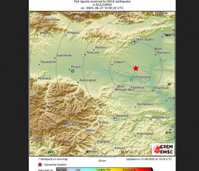 Земетресение от 3.8 удари Южна България