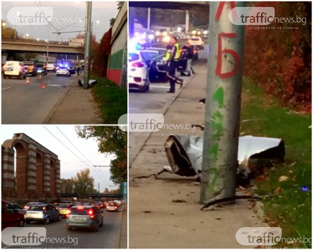 Жестока тапа на Коматевския възел заради катастрофата с БМВ, колата се е врязала в стълб