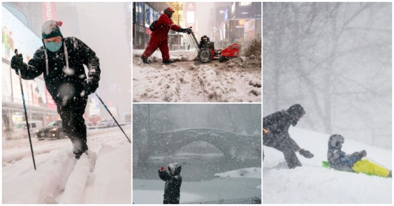Ню Йорк със снежна покривка: Хора карат ски и шейни по улици и паркове