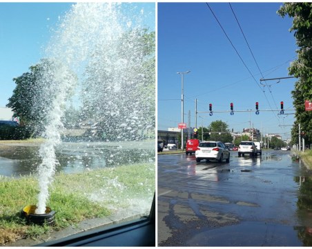 Двуметров гейзер хвърля вода на натоварен пловдивски булевард