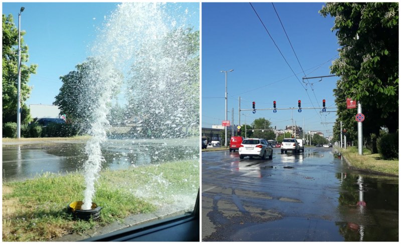 Двуметров гейзер хвърля вода на натоварен пловдивски булевард