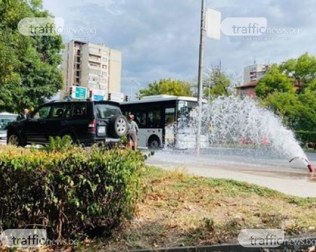 Зрелищен инцидент в Пловдив! Джип помете мантинела, премина в насрещното и се вряза в пожарен кран
