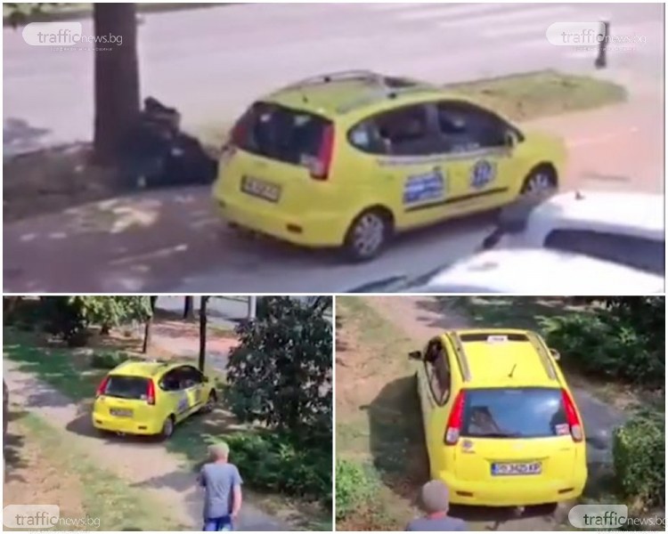 Такси със серия нарушения в центъра на Пловдив, лавира между храсти и дървета