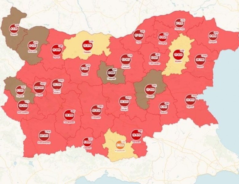 Пет области са вече в тъмночервената зона на COVID-19