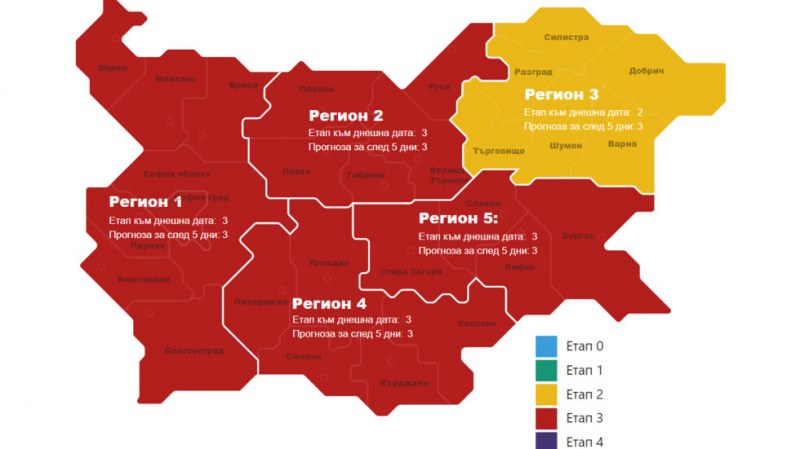 Четири от петте региона на COVID в България вече са червени
