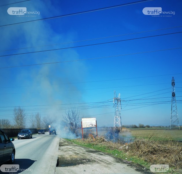 Запалиха се стърнища в нива край Пловдив, огънят - до пътното платно
