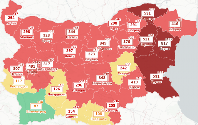 Заболеваемостта в Пловдив падна под 300 на 100 000, София излезе от тъмночервената зона