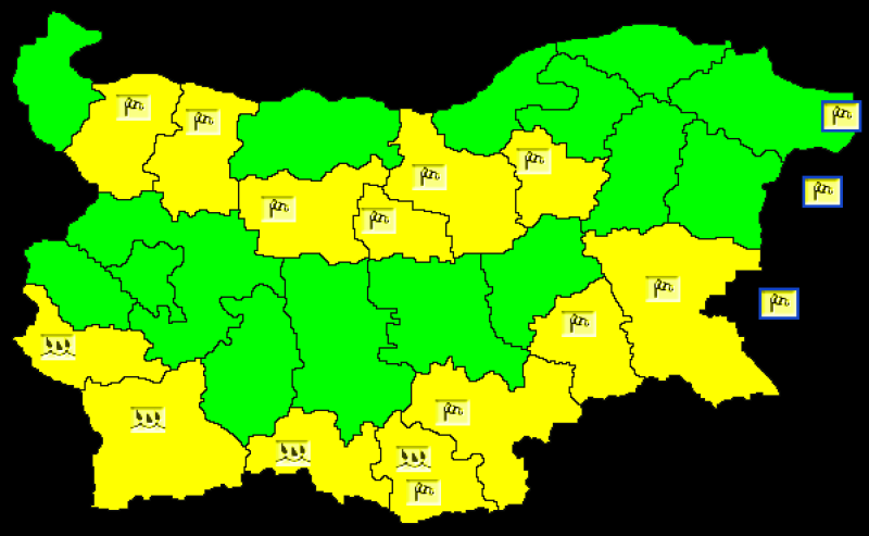 Жълт код за опасно време е обявен за редица области