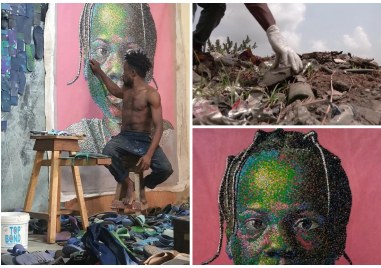 Юджийн Конбойе нигерийски художник превръща в цветни портрети изхвърлени сандали