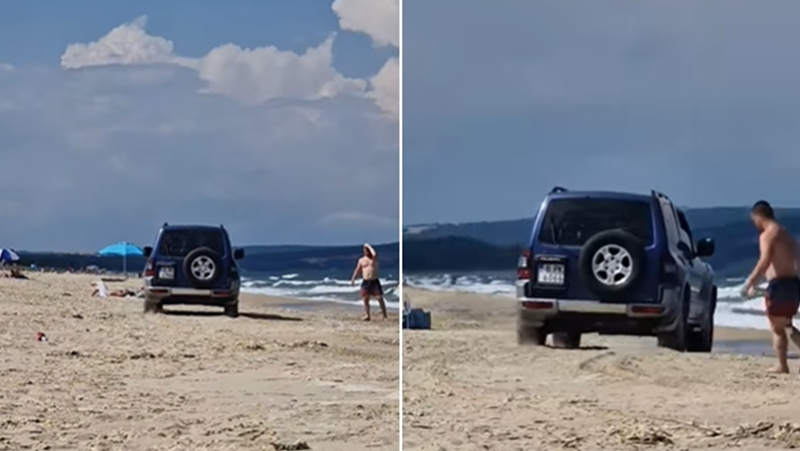 Клип на автомобил, който се движи по пясъчна плажна ивица,