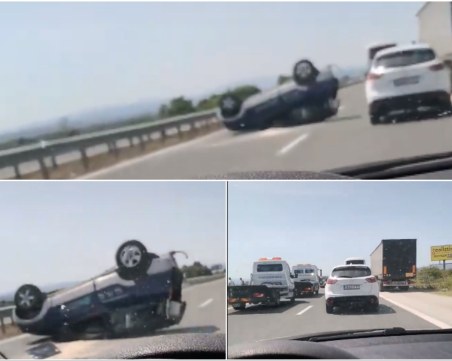 Кола се обърна по таван на магистралата от Пловдив за София