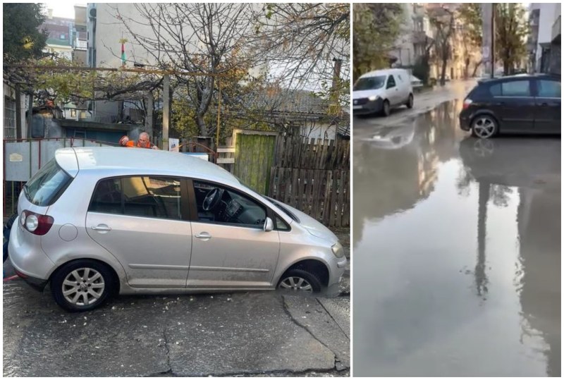 Вода залива улица в Кючука, кола пропадна в дупка на асфалта
