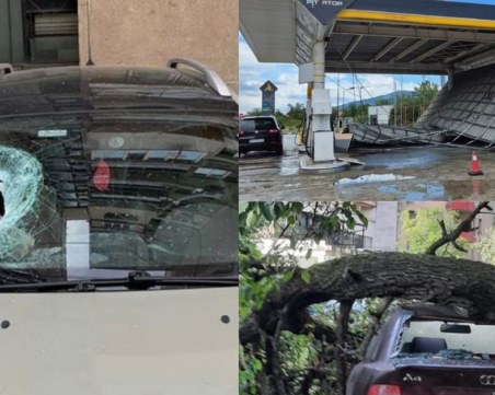 Мощната буря в София не се размина без щети: Навес на бензиностанция се свлече