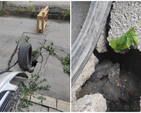Пропадна асфалтът на улица в центъра на Пловдив, хралупа зее отдолу}