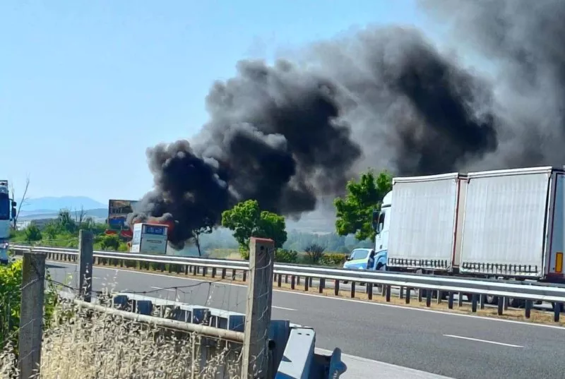 Товарен автомобил избухна в пламъци на АМ