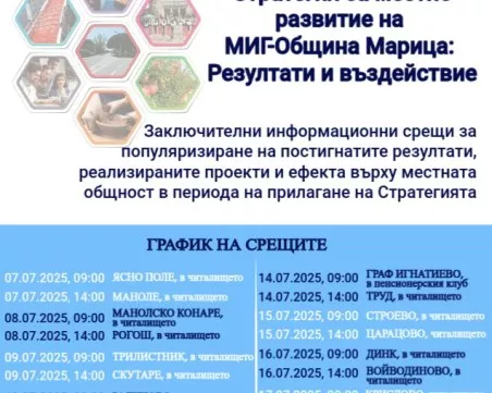 Информационни срещи: МИГ-Община Марица представя резултатите от изпълнението на Стратегията за местно развитие за периода 2014–2020г.
