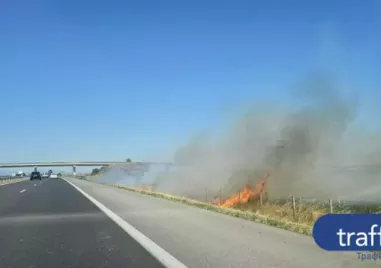 Пожарът край магистрала Тракия до Пазарджик се разгоря отново в