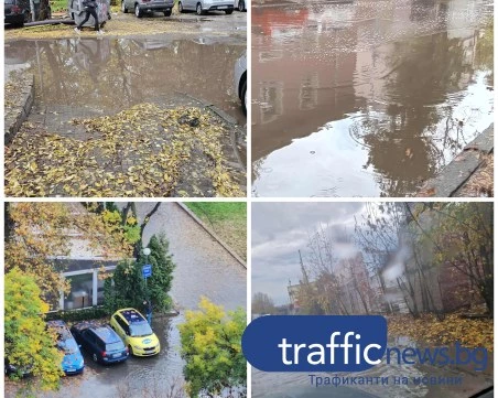 Дъждът превърна малките улици на Пловдив в канали - шахтите отново запушени от листа СНИМКИ+ВИДЕО