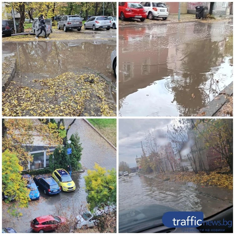 Дъждът превърна малките улици на Пловдив в канали - шахтите отново запушени от листа СНИМКИ+ВИДЕО