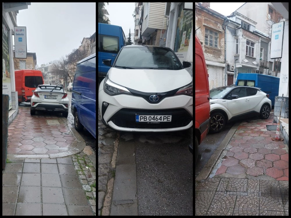 Абсурдно паркиране в Кършияка: Кола и бусове превърнаха тротоар в капан за пешеходци