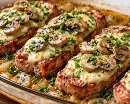 Рецепта за свински пържоли с гъби и топено сирене