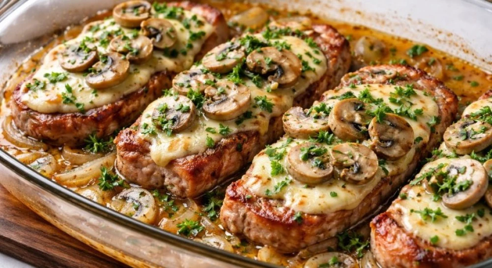 Рецепта за свински пържоли с гъби и топено сирене
