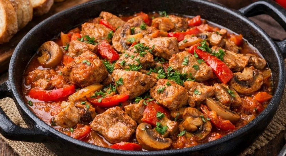 Рецепта за свинска кавърма с гъби и лук на тиган